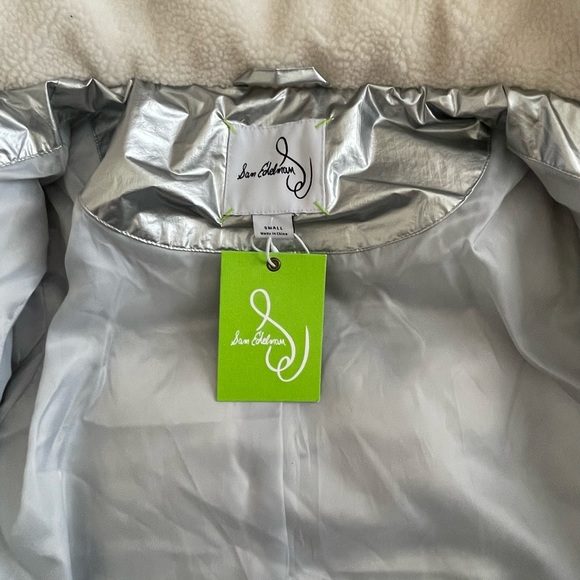 Sam Edelman METALLIC FLEECE TRIM HOODED PUFF COAT IN SILVER NWT - Picture 11 of 14